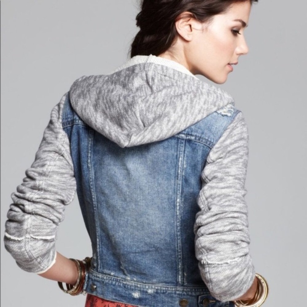 FREE PEOPLE HOODED  DESTROYED TYPE DENIM JACKET NWOT SIZE LARGE